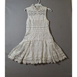 Karlie White Crochet Lace Mini Dress S Small Geometric Mock Neck Fit Flare Pleat
